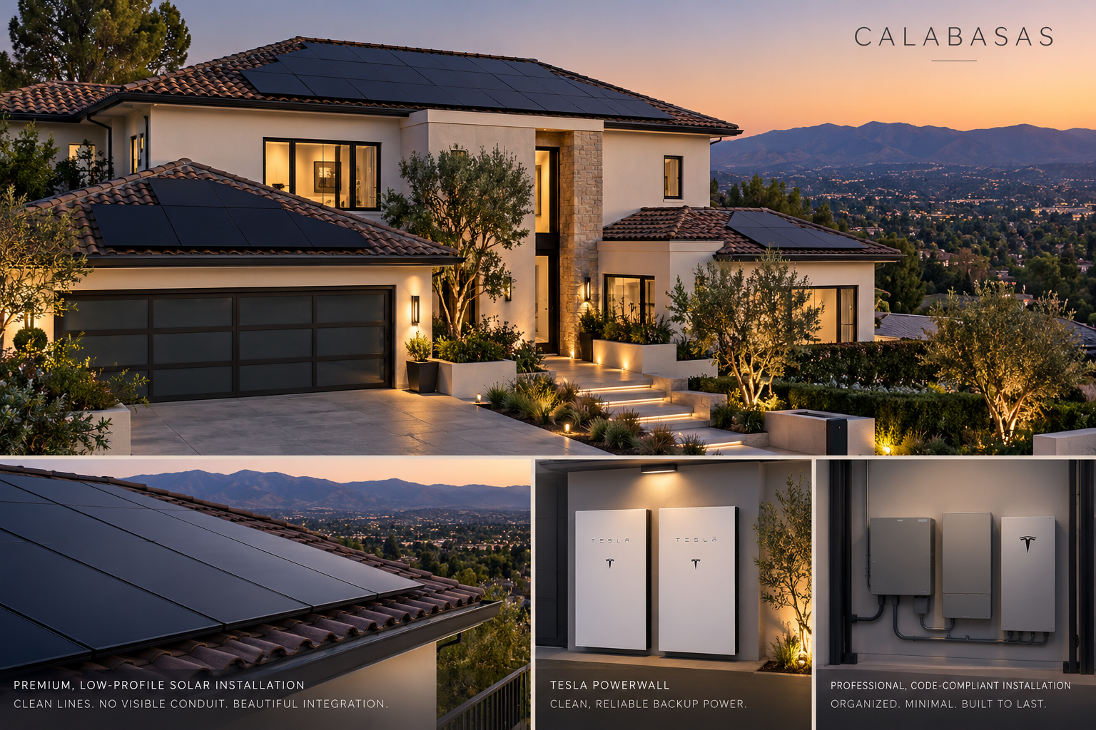 Calabasas luxury home with solar panels and Tesla Powerwall battery backup at twilightnels installed